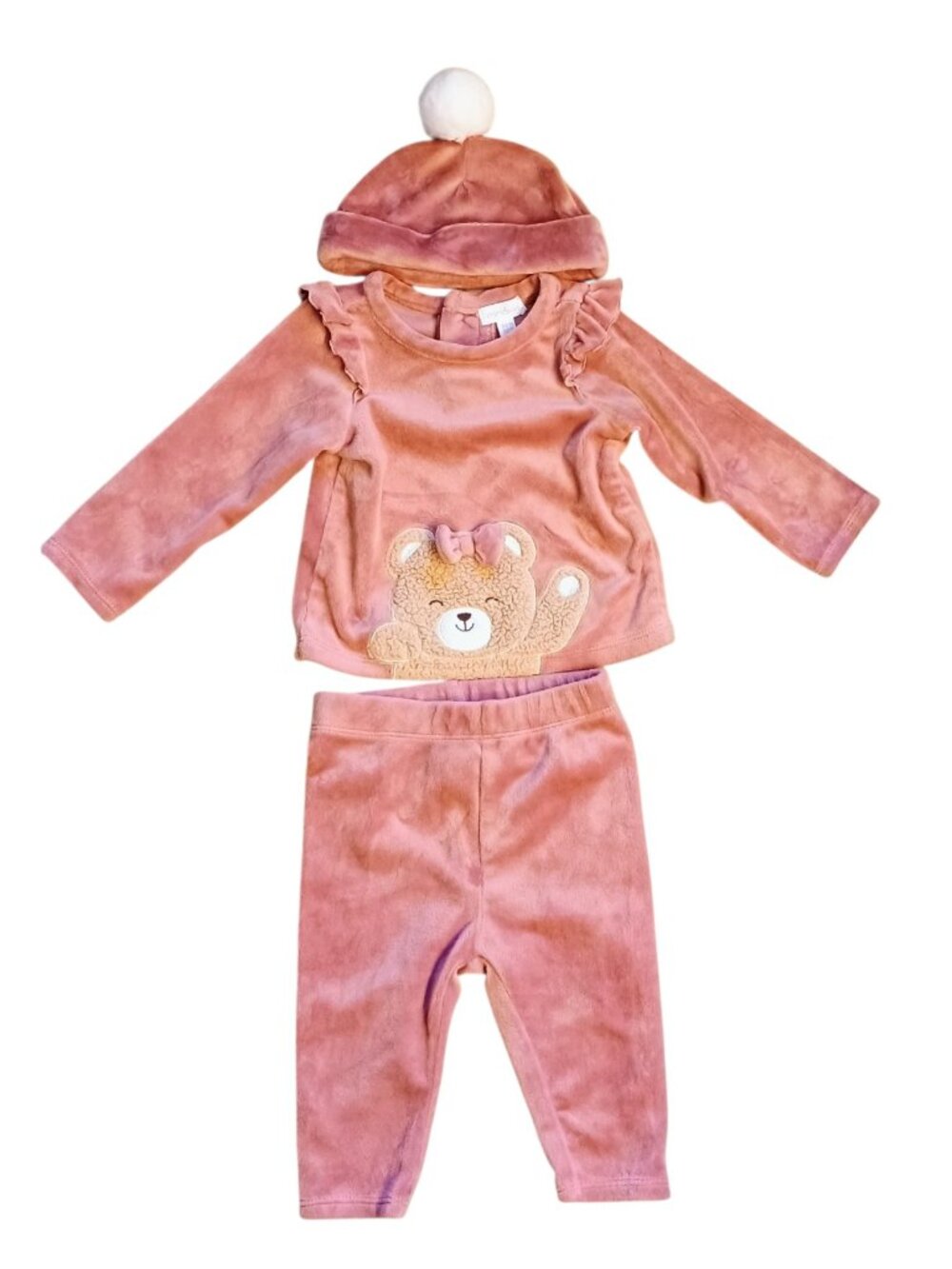 Baby Mini Bean Pink Teddy Bear Velour Outfit 3/6 Mth Hat,Pants,Long Sleeve Shirt